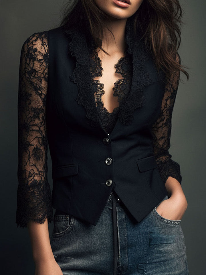 Women's Black Sheer Sleeve Blazer Top