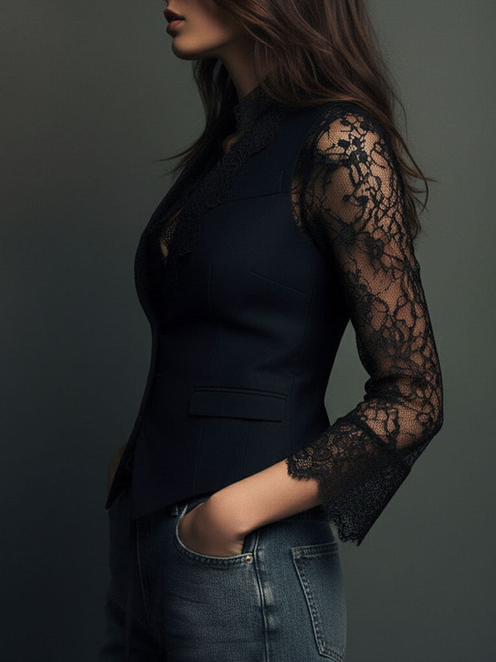 Women's Black Sheer Sleeve Blazer Top