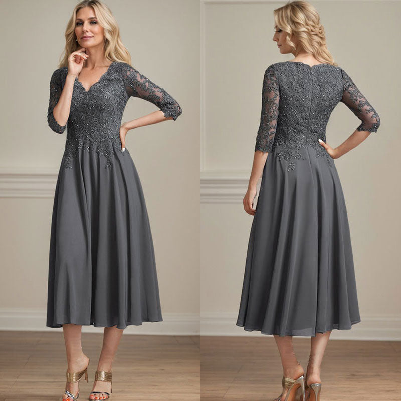 A-Line V-Neck Tea-Length Chiffon and Lace Mother of the Bride Dress with Beading and Sequins