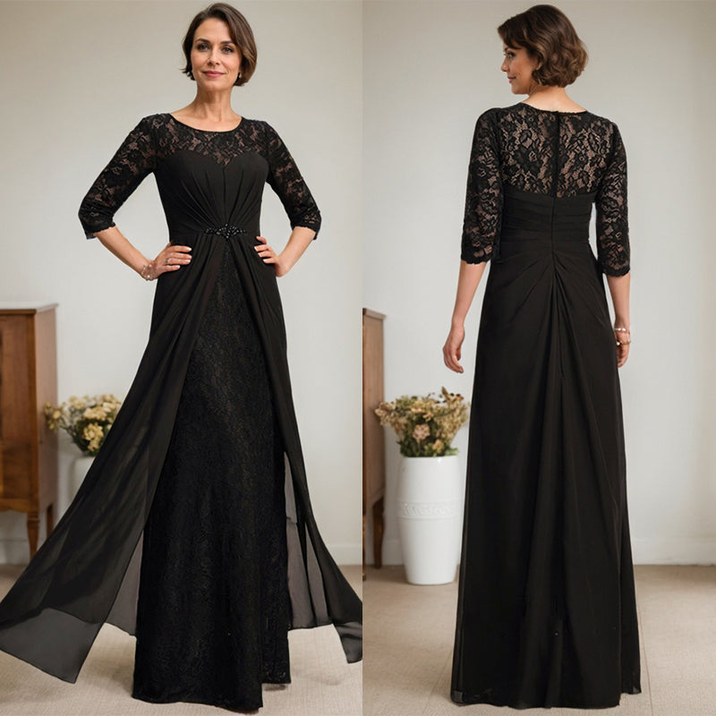 A-Line Scoop Neck Illusion Floor-Length Lace Chiffon Mother of the Bride Dress with Beaded Ruffles