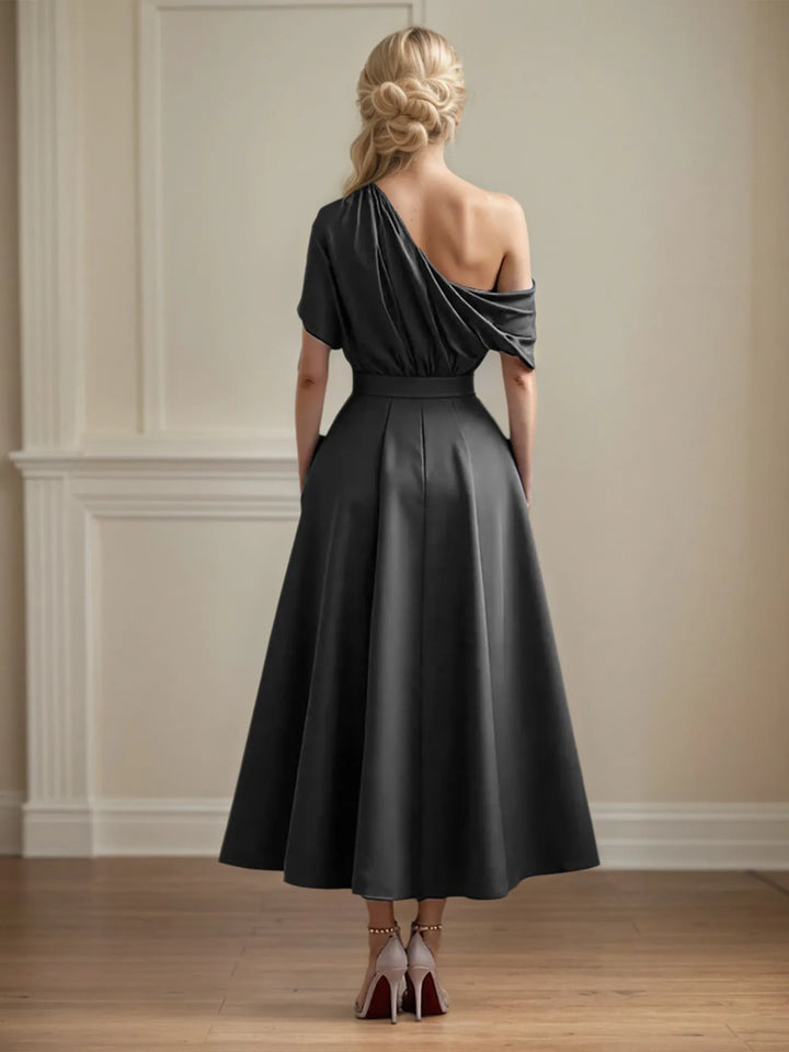 One-Shoulder Satin A-Line Pleated Ankle-Length Mother of the Bride Dress