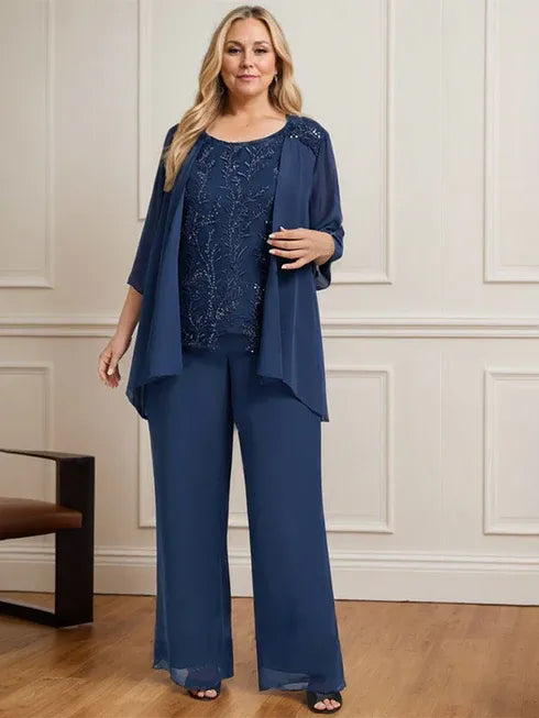 Floor-Length Lace Chiffon Mother of the Bride Jumpsuit/Pantsuit with Scoop Neck and Sequins