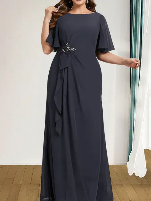 A-Line Scoop Floor-Length Chiffon Mother of the Bride Dress with Cascading Ruffles, Beading, and Sequins