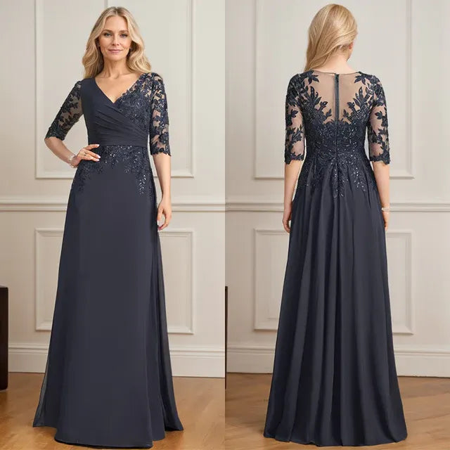 A-Line V-Neck Floor-Length Lace and Chiffon Mother of the Bride Dress with Pleated Sequins