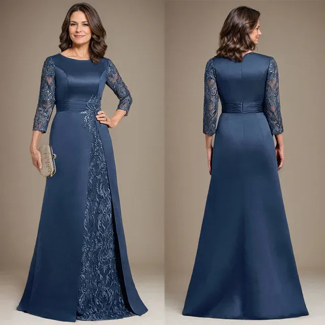 Floor-Length A-Line Lace Satin Mother of the Bride Dress with Scoop Neck and Applique
