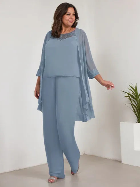 Chiffon Scoop Neck Long Sleeve Mother of the Bride Pantsuit with Jacket