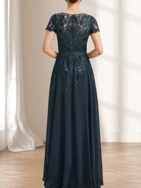 Floor-Length Lace Chiffon Mother of the Bride Dress with Sheath/Column Scoop Illusion and Sequins