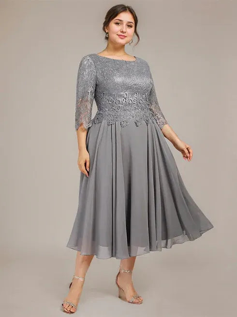 A-Line Scoop Neck Tea-Length Lace Chiffon Mother of the Bride Dress