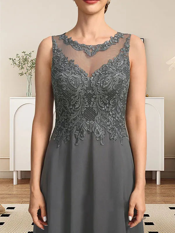 A-Line Scoop Neck Illusion Floor-Length Lace Chiffon Mother of the Bride Dress with Sequins