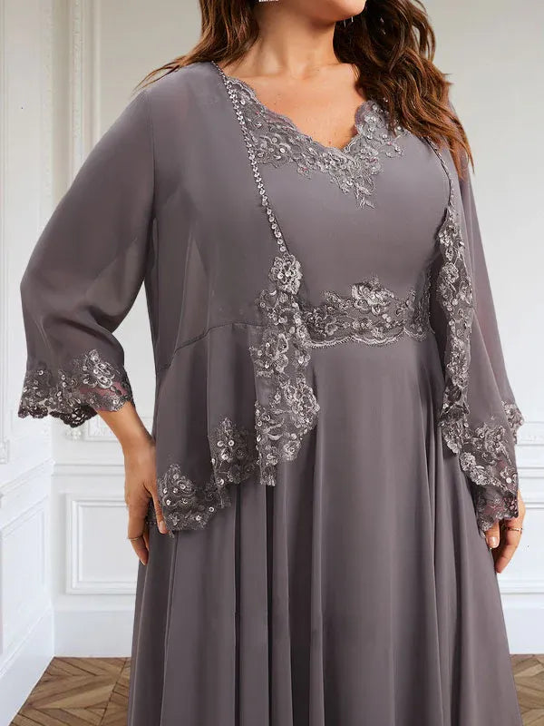 A-Line V-Neck Chiffon Mother of the Bride Dress with Sequins, Appliques, Lace, and Beading at Ankle Length
