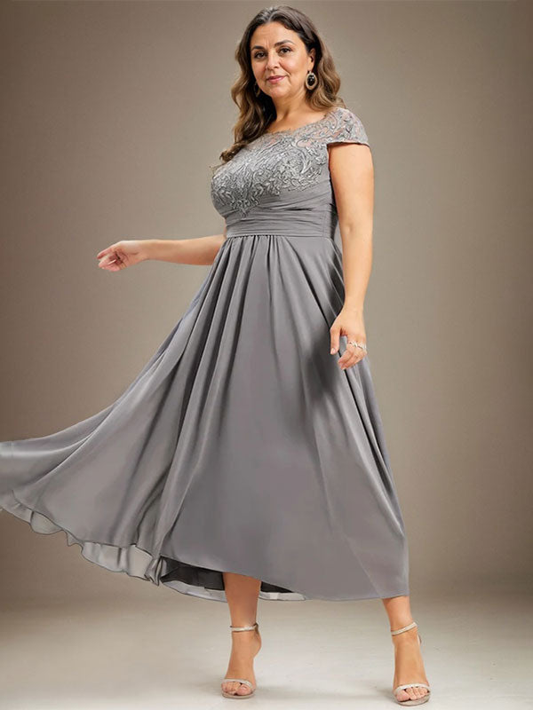 A-Line Scoop Neck Illusion Asymmetrical Lace Chiffon Mother of the Bride Dress with Pleats