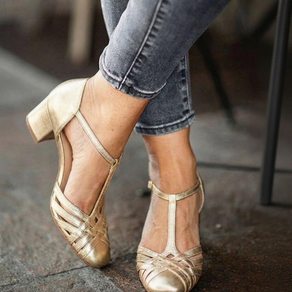 Modesta – Mary Jane Metallic Elegant T-Strap Block Pumps