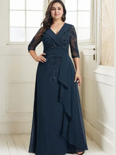 A-Line Collared V-Neck Floor-Length Lace Chiffon Mother of the Bride Dress with Sequins and Cascading Ruffles