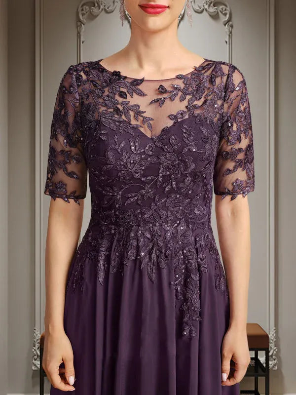 A-Line Scoop Neck Illusion Asymmetrical Chiffon and Lace Mother of the Bride Dress with Sequins