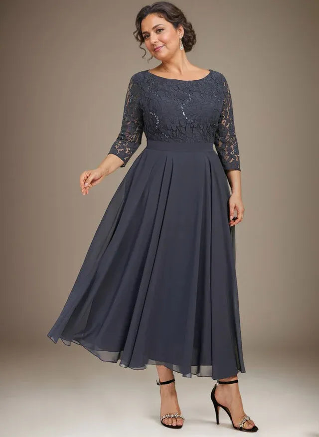 A-Line Scoop Neck Tea-Length Lace Chiffon Mother of the Bride Dress with Sequins