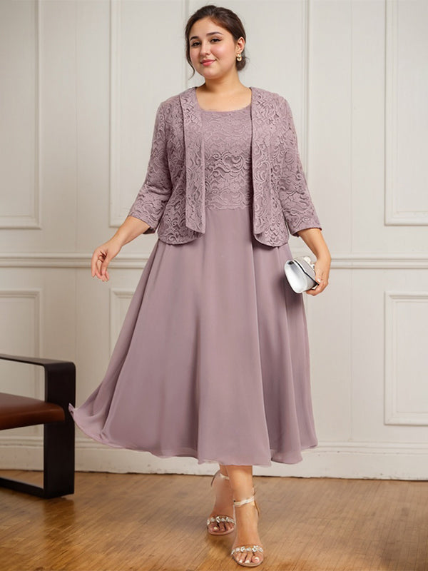 A-Line Scoop Neck Tea-Length Lace Chiffon Mother of the Bride Dress