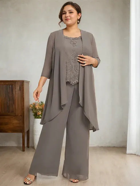Floor-Length Chiffon Lace Mother of the Bride Jumpsuit/Pantsuit with Scoop Neck, Beading, and Sequins