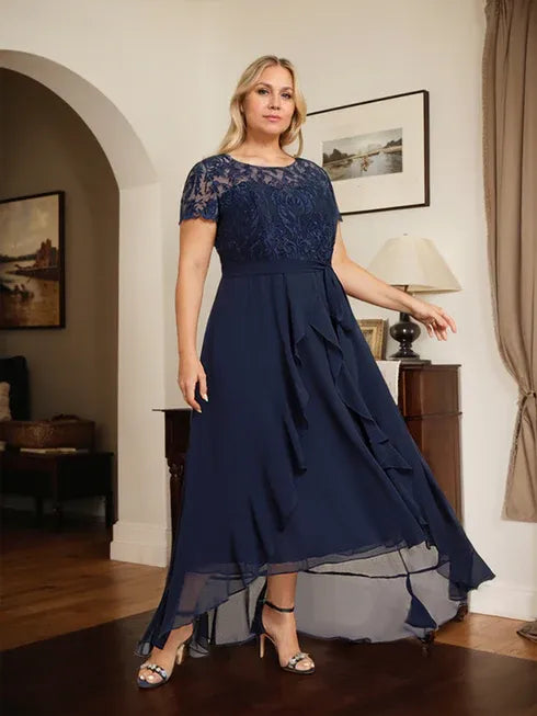 A-Line Scoop Neck Illusion Asymmetrical Chiffon Lace Mother of the Bride Dress with Bow, Ruffle, and Sequins