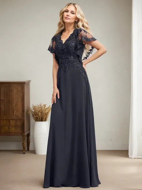 A-Line V-Neck Floor-Length Lace Chiffon Mother of the Bride Dress with Sequins