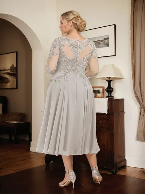 A-Line Scoop Neck Illusion Tea-Length Chiffon and Lace Mother of the Bride Dress with Beading and Sequins