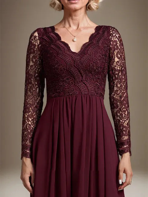 A-Line V-Neck Asymmetrical Lace Chiffon Mother of the Bride Dress