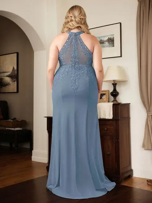 Dusty Blue Sheath Halter Mother of the Bride Dress with Appliqué Details