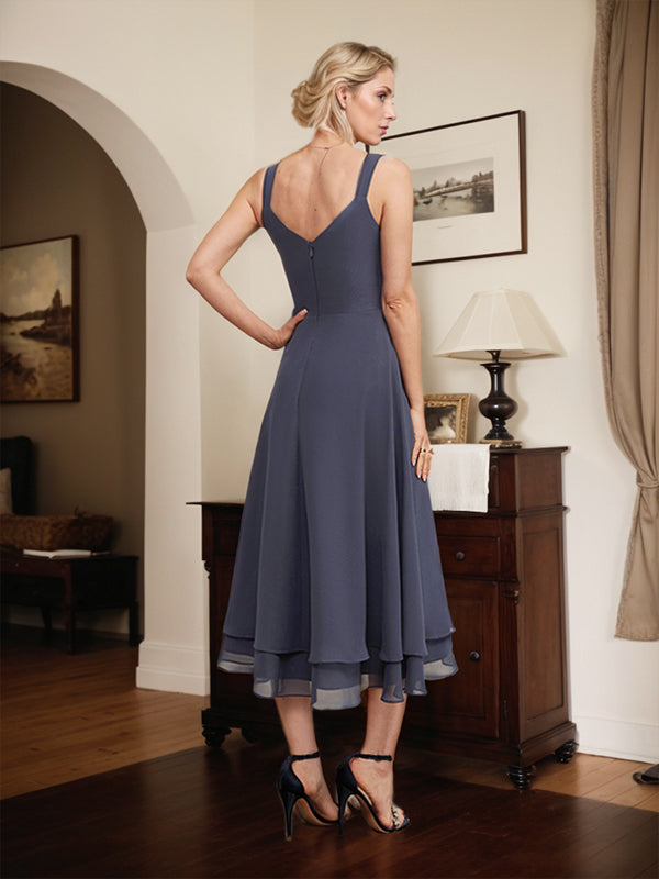 A-Line V-Neck Tea-Length Chiffon Mother of the Bride Dress