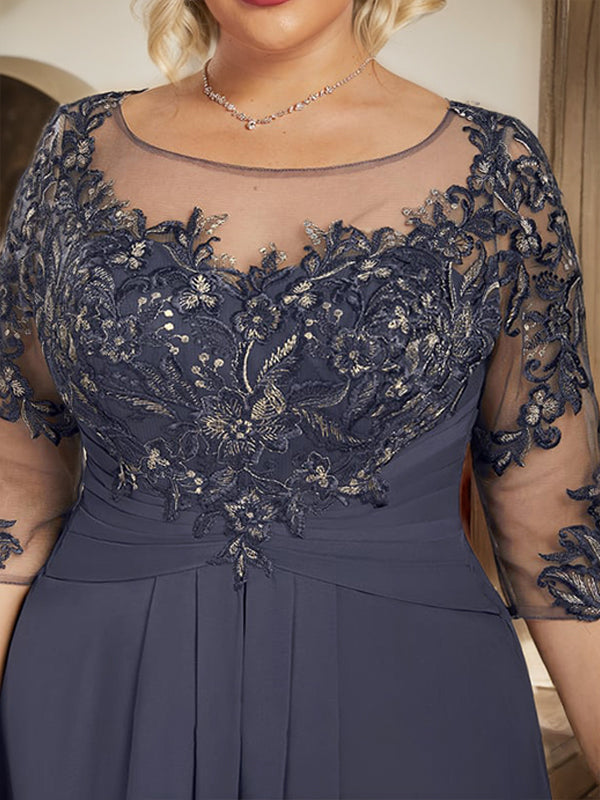 A-Line Scoop Neck Illusion Floor-Length Lace Chiffon Mother of the Bride Dress with Cascading Ruffles