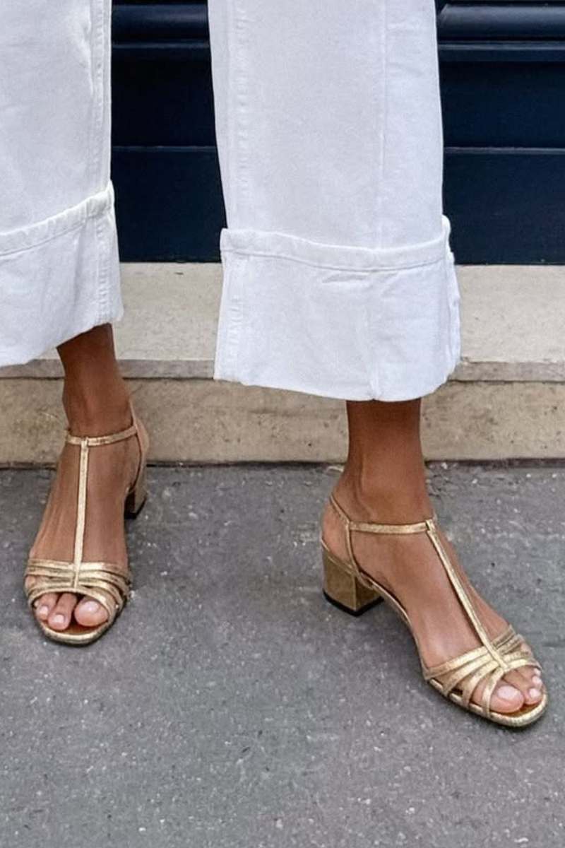 Aurelia | Metallic Buckle T-Strap Block Sandals