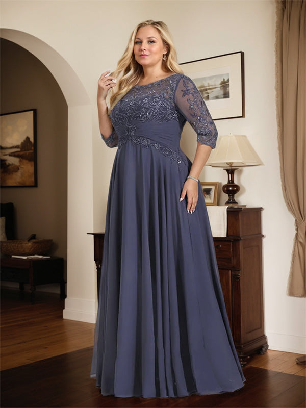 A-Line Scoop Neck Illusion Floor-Length Chiffon and Lace Mother of the Bride Dress with Pleated Sequins