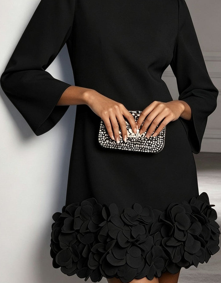 Black Round Neck 3D Floral Ruffle Hem Mini Dress