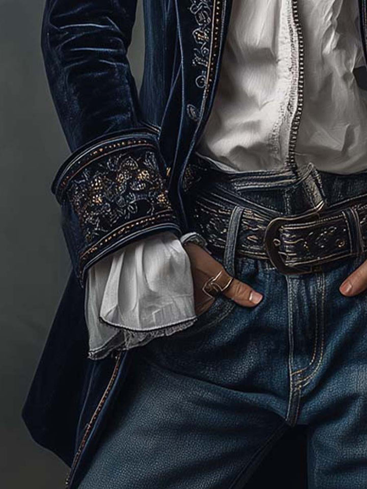 Women's Vintage Navy Embroidered Longline Jacket