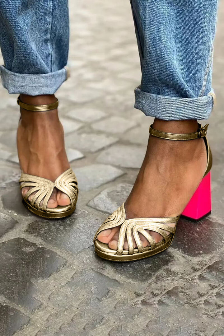 Leonora | Chunky Peep-Toe Sparkle Elegant Ankle Strap Buckle Heels