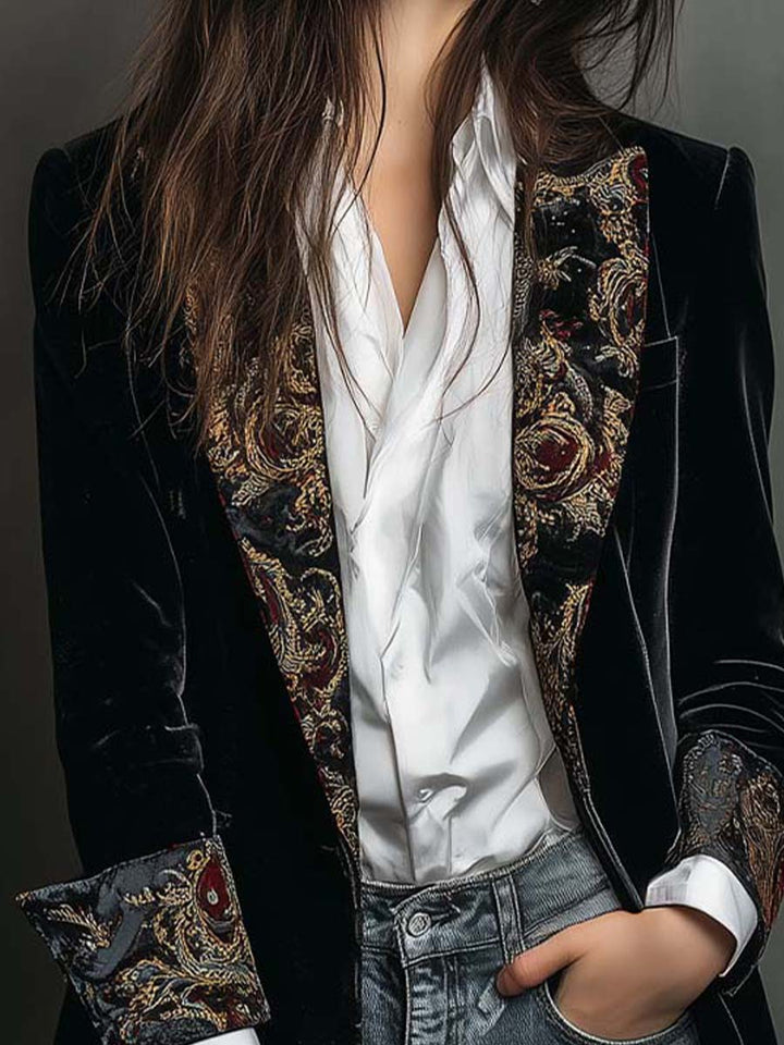Women's Black Baroque Print Lapel Slim Fit Blazer