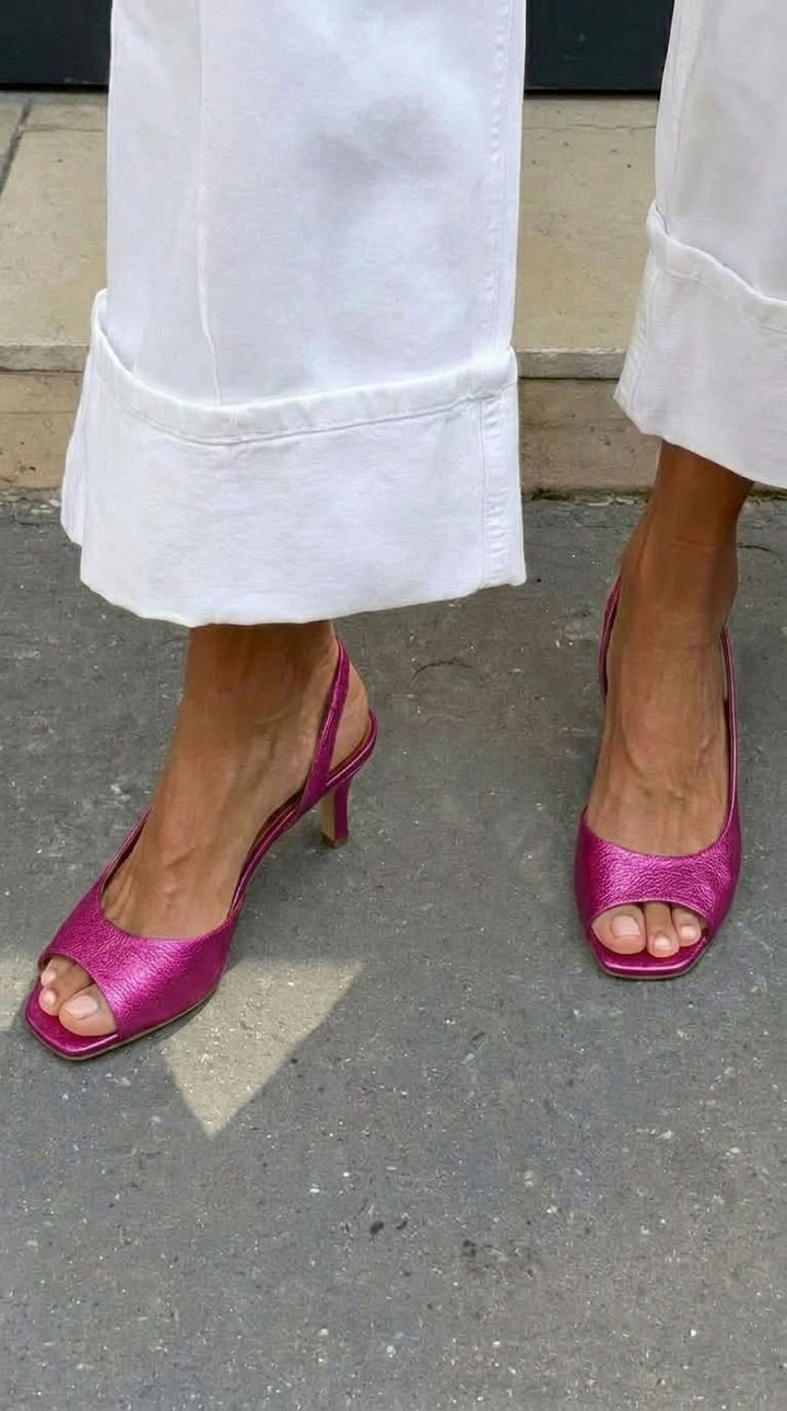 Julia | Kitten Slingback Peep-Toe Metallic Heels