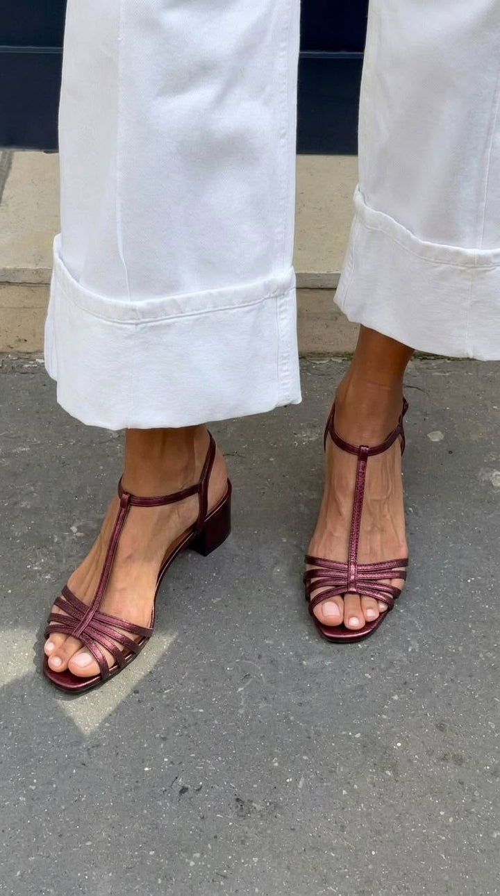 Aurelia | Metallic Buckle T-Strap Block Sandals