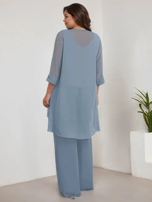 Chiffon Scoop Neck Long Sleeve Mother of the Bride Pantsuit with Jacket