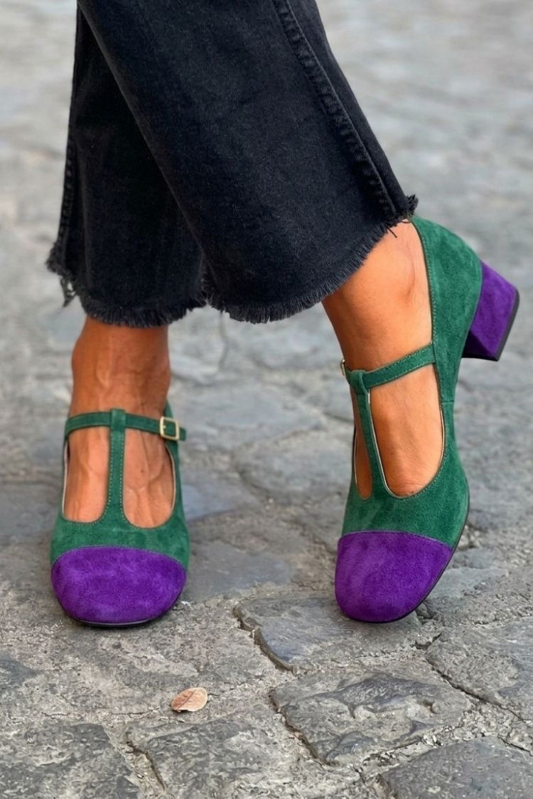 Hyacinth | Chunky Patchwork Round-Toe Buckle T-Strap Heels