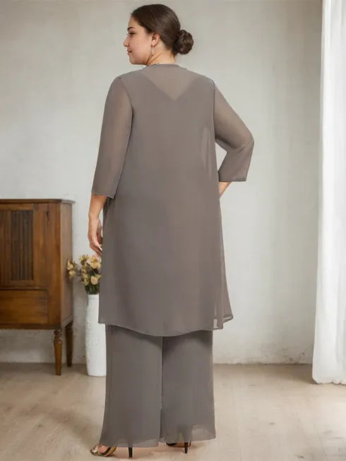 Floor-Length Chiffon Lace Mother of the Bride Jumpsuit/Pantsuit with Scoop Neck, Beading, and Sequins