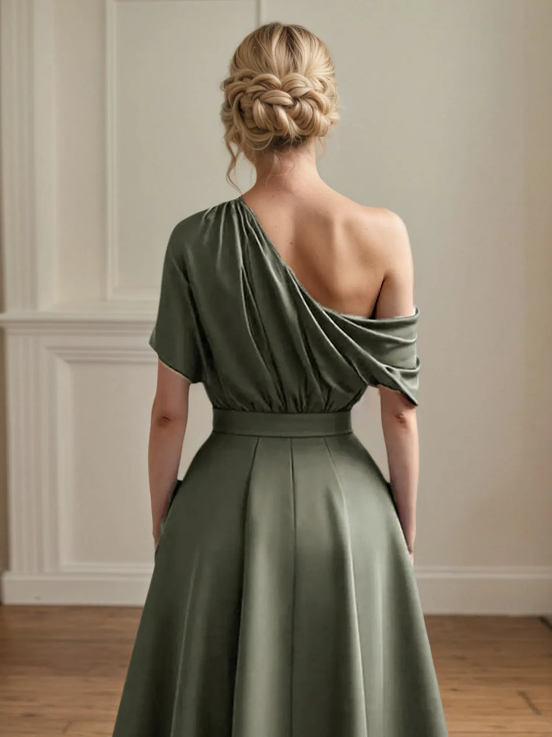 One-Shoulder Satin A-Line Pleated Ankle-Length Mother of the Bride Dress