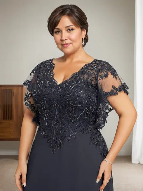 A-Line V-Neck Floor-Length Lace Chiffon Mother of the Bride Dress with Sequins