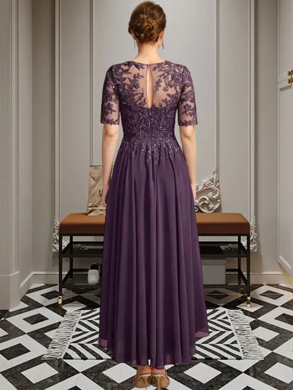 A-Line Scoop Neck Illusion Asymmetrical Chiffon and Lace Mother of the Bride Dress with Sequins