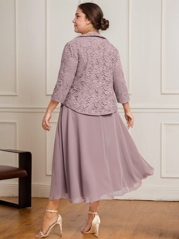 A-Line Scoop Neck Tea-Length Lace Chiffon Mother of the Bride Dress