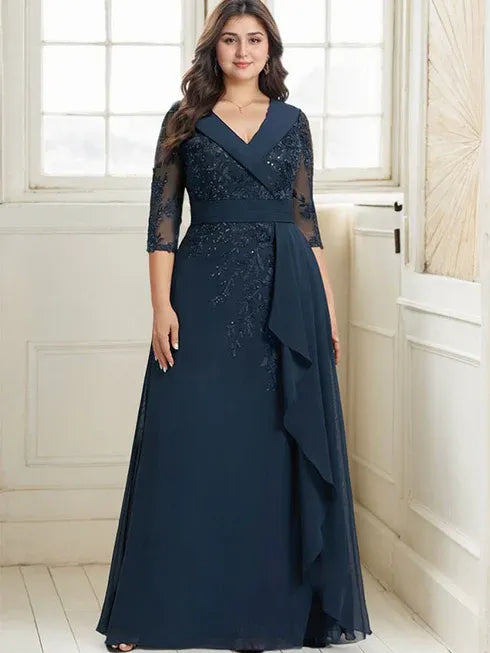 A-Line Collared V-Neck Floor-Length Lace Chiffon Mother of the Bride Dress with Sequins and Cascading Ruffles