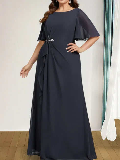A-Line Scoop Floor-Length Chiffon Mother of the Bride Dress with Cascading Ruffles, Beading, and Sequins