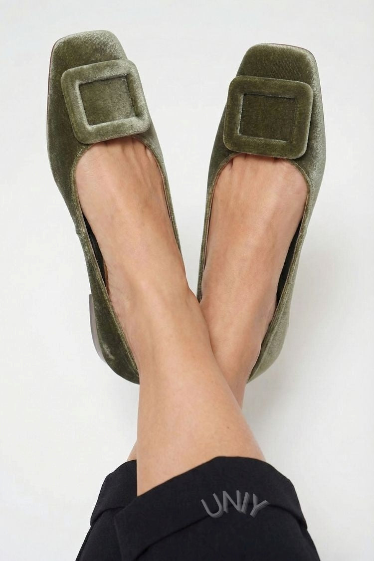 Natalia | Square-Toe Velvet Buckle Flats