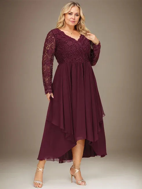 A-Line V-Neck Asymmetrical Lace Chiffon Mother of the Bride Dress