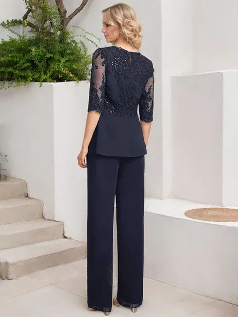 Floor-Length Chiffon Lace Jumpsuit and Pantsuit Separates with Sequins – Perfect Mother of the Bride Dress