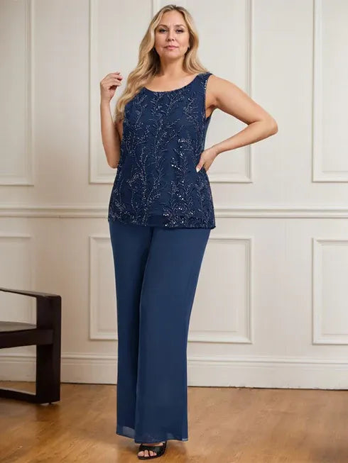 Floor-Length Lace Chiffon Mother of the Bride Jumpsuit/Pantsuit with Scoop Neck and Sequins
