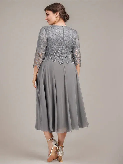 A-Line Scoop Neck Tea-Length Lace Chiffon Mother of the Bride Dress